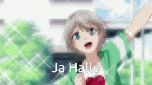 a girl in a green jacket says ja hallo in a foreign language