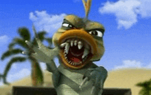 a cartoon frog with sharp teeth is standing in front of a palm tree and waving .