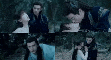 a man and a woman are kissing in a forest in a collage of four pictures .