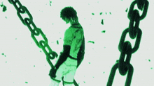a man with the letter c on his arm is chained to a chain