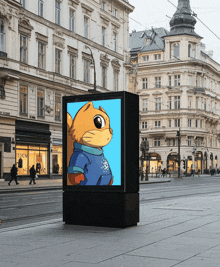 a cartoon cat is on a billboard on a street