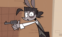 a cartoon rabbit is pointing a gun at the camera