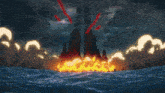 a cartoon drawing of a volcano in the ocean
