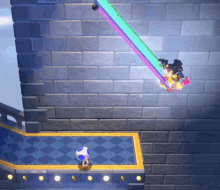 a video game is being played on a brick wall with a blue checkered floor