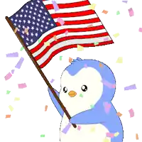a penguin holding an american flag with confetti falling around him