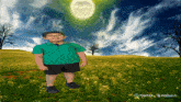 a boy in a green shirt and shorts is standing in a grassy field