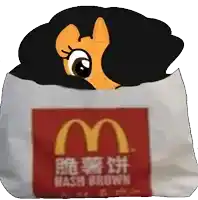 a cartoon pony is sitting inside of a mcdonald 's bag with hash browns