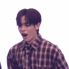 a young man wearing a plaid shirt is standing in front of a microphone .