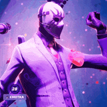 a man in a purple suit has a 28 emotka on his chest