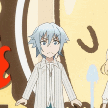 a cartoon character with blue hair is standing in front of a drawing of a smiley face