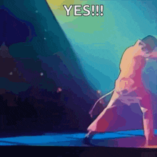 a cartoon of a man dancing with the words yes !!! behind him