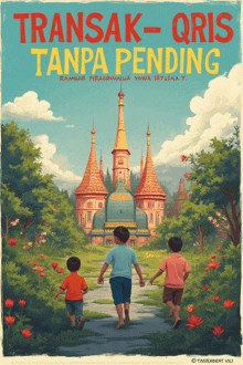 a poster for transak-qris tanpa pending shows three boys walking towards a castle