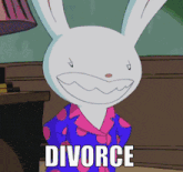 a cartoon of a rabbit with the word divorce on the bottom