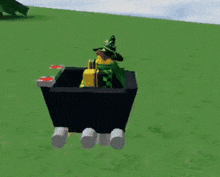 a cartoon character in a green hat is sitting in a black vehicle .