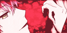 a close up of a person 's face with a red background and shiroyasha written on the bottom