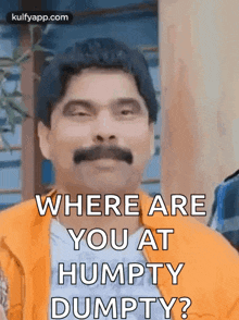 a man with a mustache and a yellow jacket is asking where are you at humpty dumpty ?