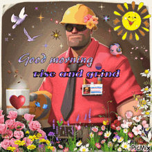 a cartoon of a man with flowers in his hair and the words good morning rise and grind