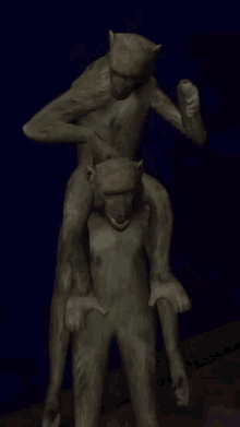 two monkeys are standing next to each other and one is on the back of the other