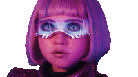 a girl with purple hair is wearing a pair of futuristic glasses