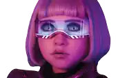 a girl with purple hair is wearing a pair of futuristic glasses
