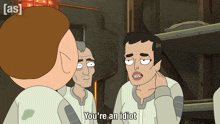 a cartoon character says " you 're an idiot " in front of two other characters