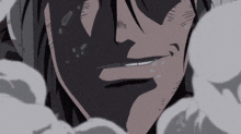 a close up of a cartoon character 's face with smoke coming out of his mouth