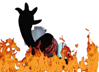 a cartoon character is surrounded by flames and a shadow of a hand