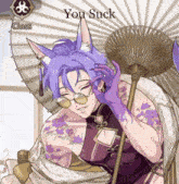 a cartoon of a person with purple hair holding an umbrella with the words you suck on the bottom