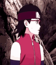 a cartoon girl wearing glasses and a headband is standing in front of a rocky cliff .