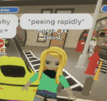 a girl in a video game says " peeing rapidly " in a speech bubble