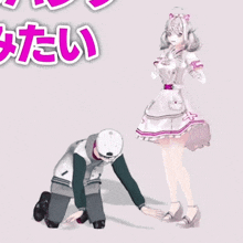 a man kneeling down next to a girl in a maid outfit