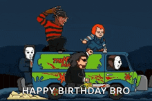 a cartoon of freddy krueger , jason voorhees , and chucky driving a mystery machine van