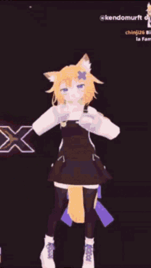 a girl with a fox ear and tail is standing in front of a dark background