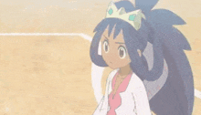 a cartoon girl with long blue hair and a crown on her head .