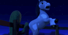a blue and white cartoon horse is running in the dark .