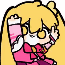 a cartoon of a girl with long blonde hair wearing a pink dress and a bow .