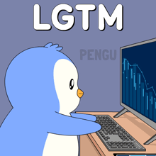 a cartoon of a penguin looking at a computer screen with the word lgtm behind it