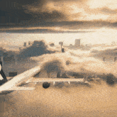 an american airlines plane flying over a city