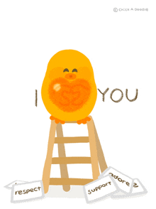 a cartoon of a chicken sitting on a stool with the words " i love you " written on it