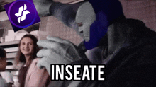 a man with a purple mask says inseate in front of a smiling woman