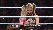 a woman in a wrestling ring with the words evolution on the bottom