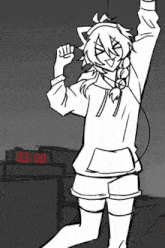a black and white drawing of a girl with headphones and a clock that says 03:00 on it
