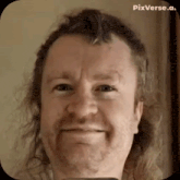 a man with long hair and a beard is smiling for the camera with pixverse.a written on the bottom