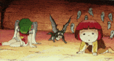 a cartoon drawing of a girl with red hair and a cat with ghosts around them