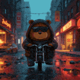 a bear wearing sunglasses and a hooded jacket is riding a motorcycle on a city street