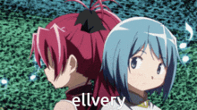 two anime girls are standing next to each other and the word elvery is on the bottom left