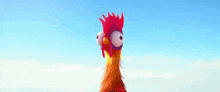 a cartoon rooster with a blue sky in the background is looking up .