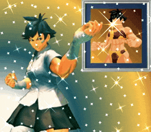 a picture of a girl with a picture of a man with muscles behind her