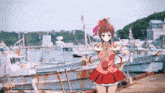 a girl in a red skirt is standing in front of boats in a harbor