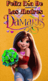 a cartoon girl is holding a bouquet of green flowers and the words feliz dia de las madres damaris